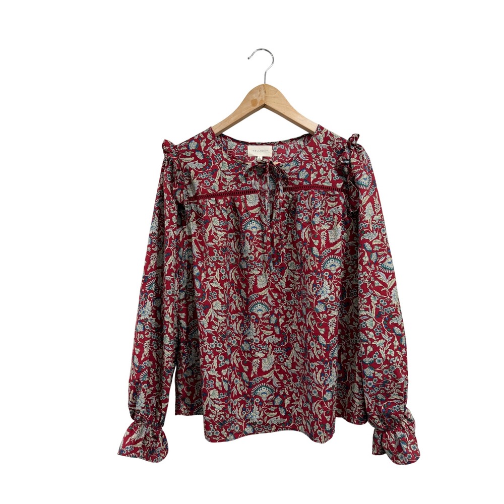 Melloday Red Floral Paisley Bohemian Ruffle Long Sleeve Blouse Sz Large